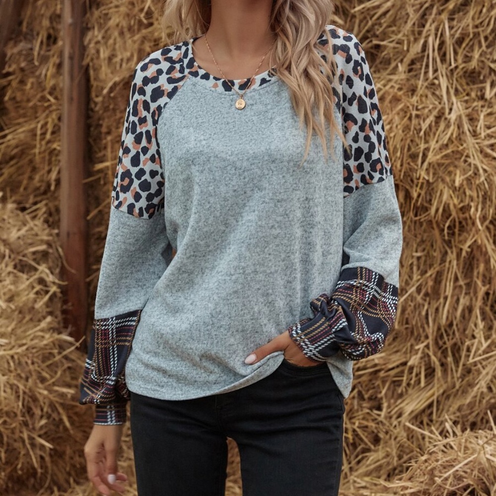 leopard print color block plaid grey top boho - Picture 2 of 4
